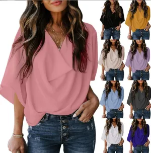 Women Solid Color Chiffon Loose Blouses
