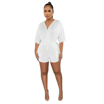 Women's Solid Color V-Neck High Waist Romper Jumpsuit