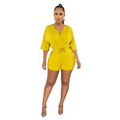 Women's Solid Color V-Neck High Waist Romper Jumpsuit