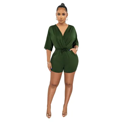 Women's Solid Color V-Neck High Waist Romper Jumpsuit