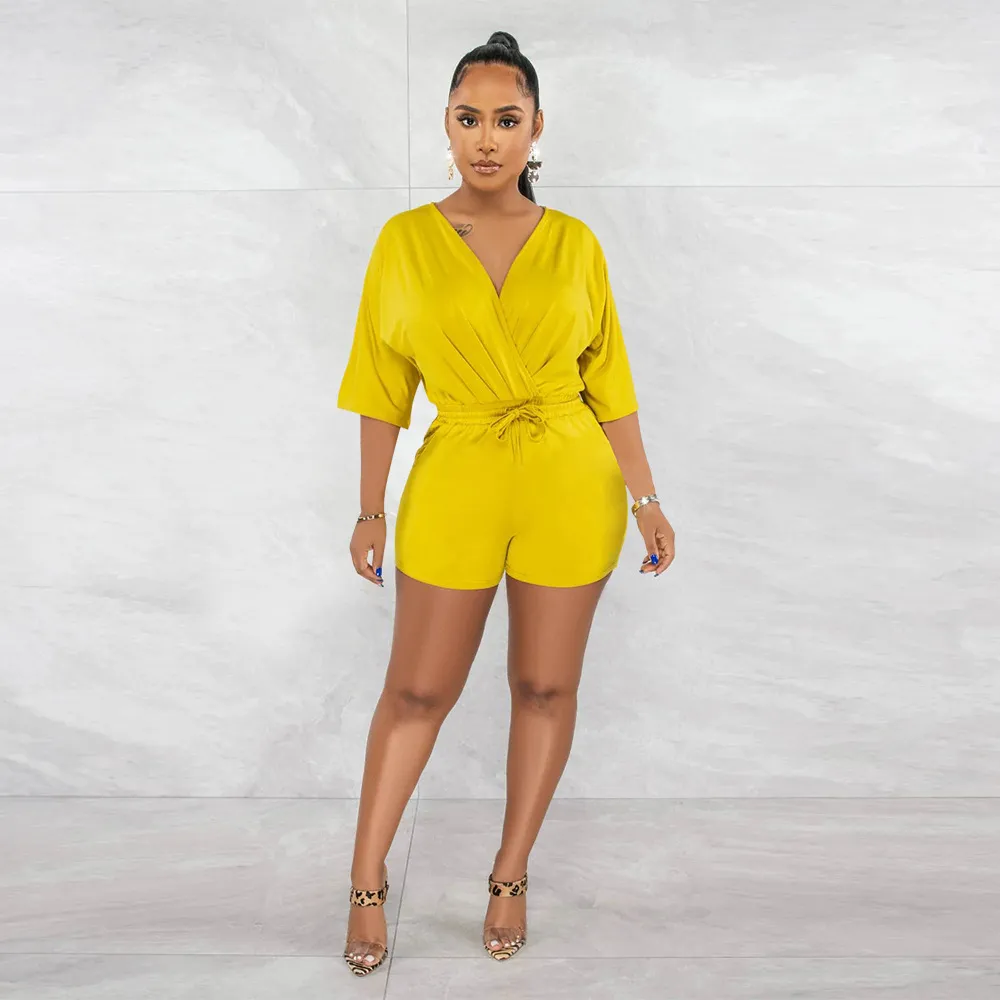Women's Solid Color V-Neck High Waist Romper Jumpsuit