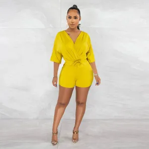 Women's Solid Color V-Neck High Waist Romper Jumpsuit