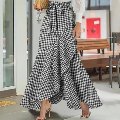 Women Fashion Plaid Print Irregular Ruffled Maxi Skirt