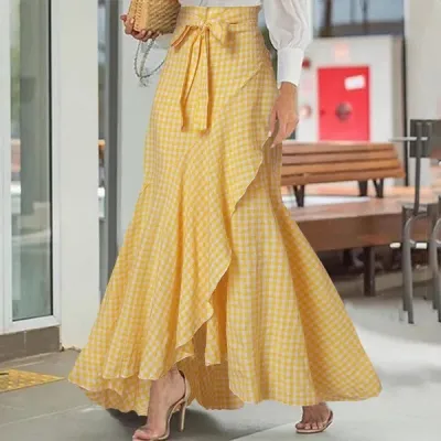 Women Fashion Plaid Print Irregular Ruffled Maxi Skirt