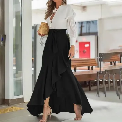 Women Fashion Plaid Print Irregular Ruffled Maxi Skirt