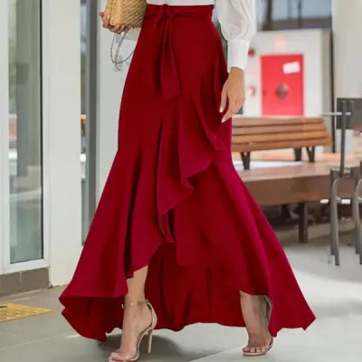 Women Fashion Plaid Print Irregular Ruffled Maxi Skirt