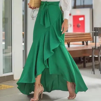 Women Fashion Plaid Print Irregular Ruffled Maxi Skirt