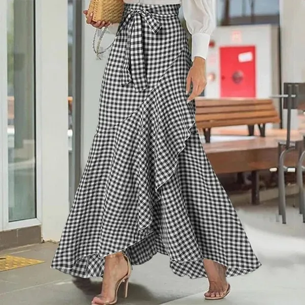Women Fashion Plaid Print Irregular Ruffled Maxi Skirt