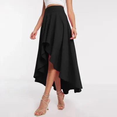 Women Asymmetric High Waist Midi Skirt Solid Color Elegant Style