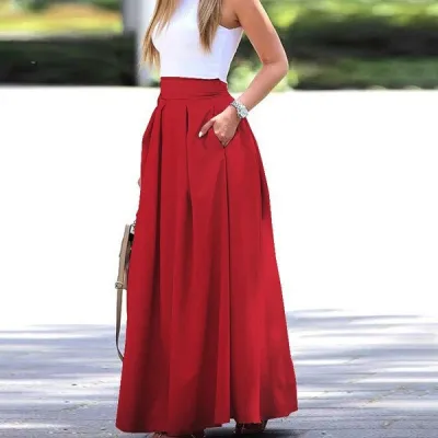Women Elegant Solid Color High Waist Maxi Pleated Skirt