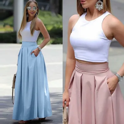 Women Elegant Solid Color High Waist Maxi Pleated Skirt