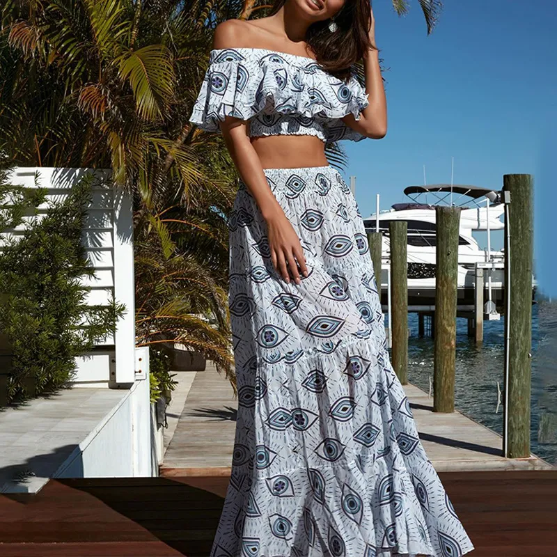 Women Fashion Sexy Off Shoulder Ruffled Evil Eye Printed Swimsuit Set