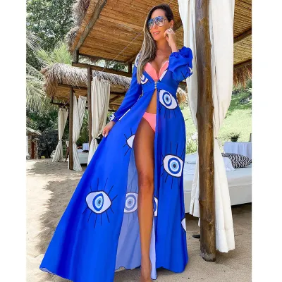 Women Fashion Sexy Evil Eye Printed Loose Bikini Swimwear Long Sleeve Cover-Up