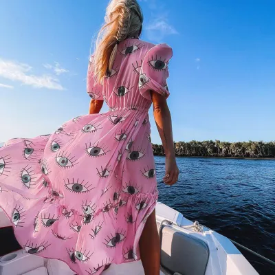 Women Fashion Sexy Evil Eye Printed Loose Bikini Swimwear Long Sleeve Cover-Up