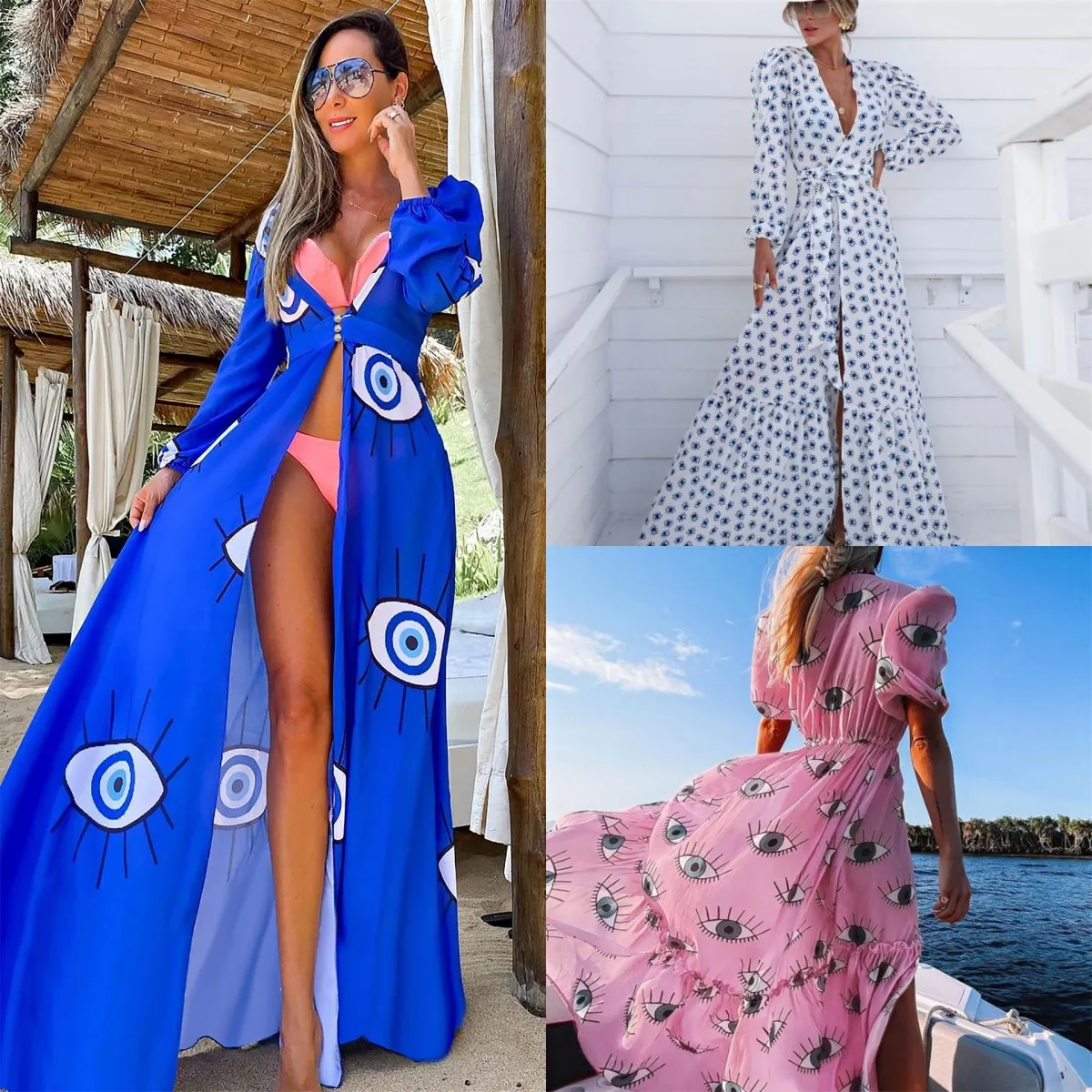 Women Fashion Sexy Evil Eye Printed Loose Bikini Swimwear Long Sleeve Cover-Up