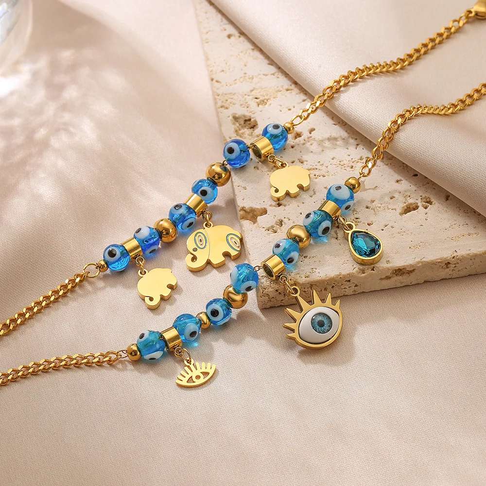 Women Evil Eye Elephant Pendant Titanium Steel Bracelet Jewelry