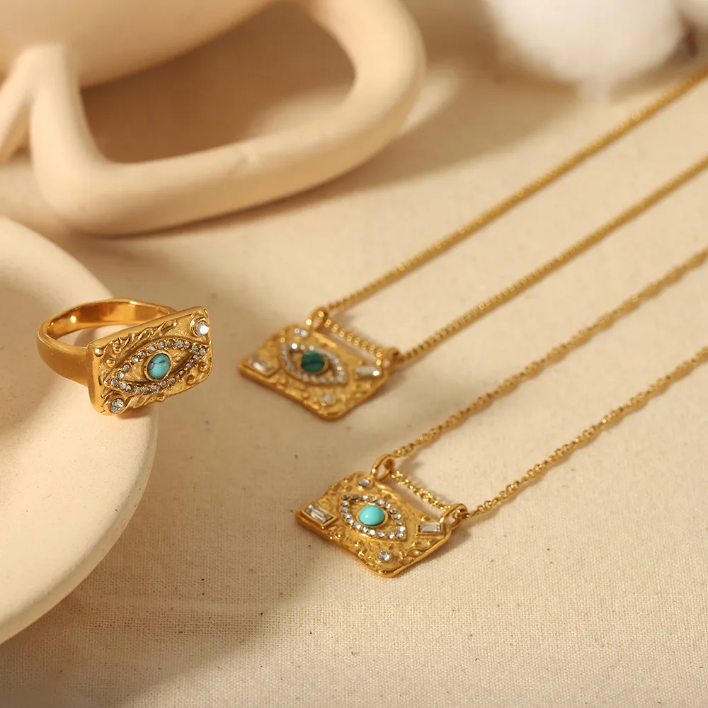 Women's Square Evil Eye Pendant Stainless Steel Necklace Ring Set