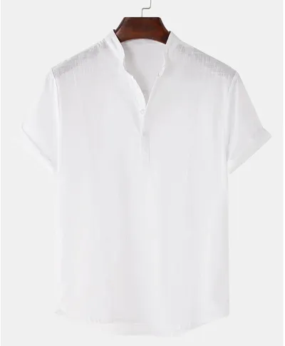 Men Summer Cotton Linen Breathable Solid Color Short Sleeve Henry Collar Hawaii Shirt Custom