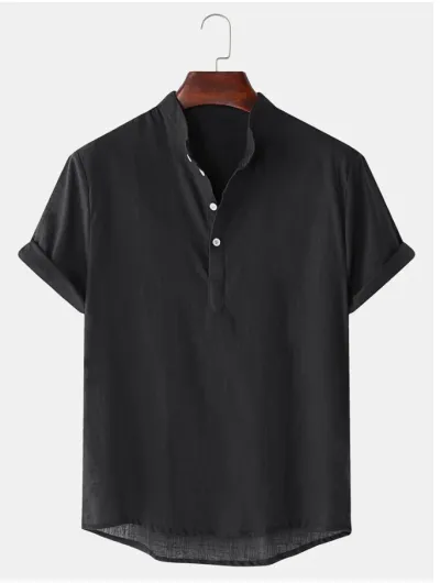 Men Summer Cotton Linen Breathable Solid Color Short Sleeve Henry Collar Hawaii Shirt Custom