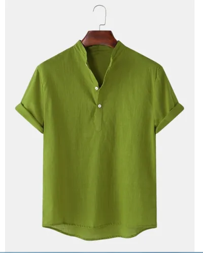 Men Summer Cotton Linen Breathable Solid Color Short Sleeve Henry Collar Hawaii Shirt Custom