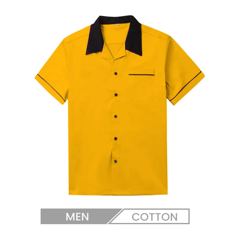 Vintage Bowling Men Cotton Yellow Casual Short Sleeve Shirt Custom