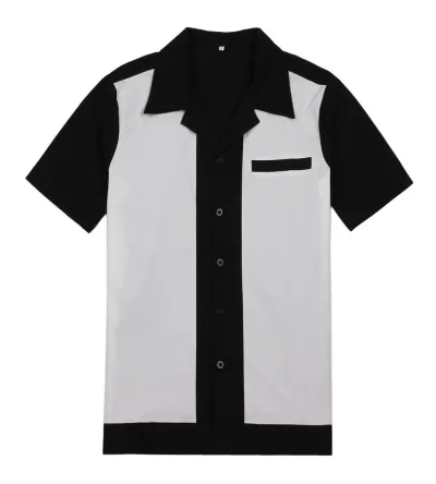 Black White Color Block Pocket Men Cotton Rock Metallic Bowling Shirt Custom