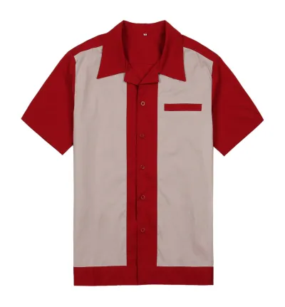 Black White Color Block Pocket Men Cotton Rock Metallic Bowling Shirt Custom