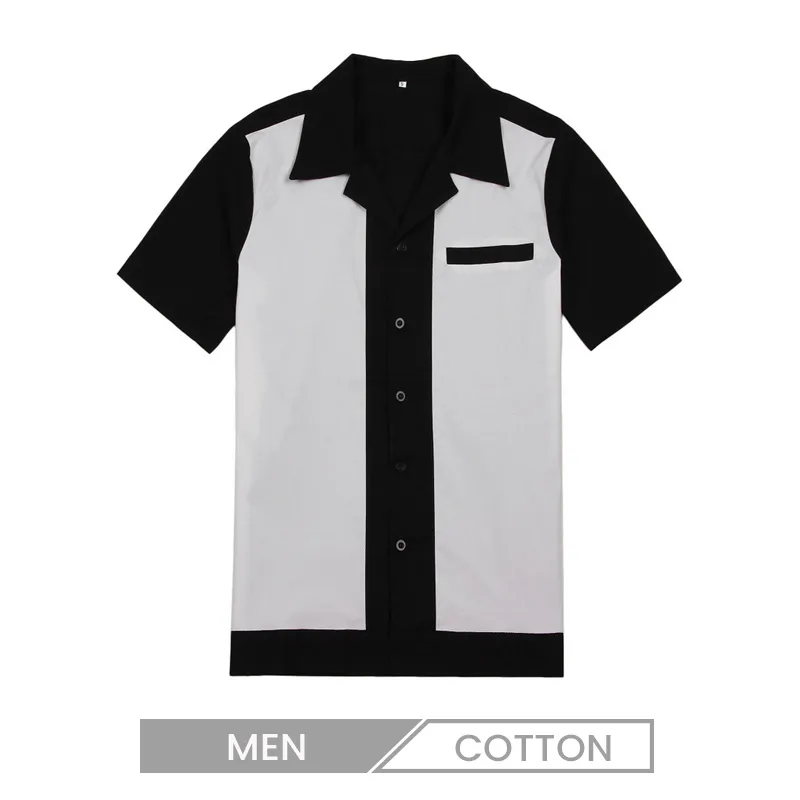 Black White Color Block Pocket Men Cotton Rock Metallic Bowling Shirt Custom