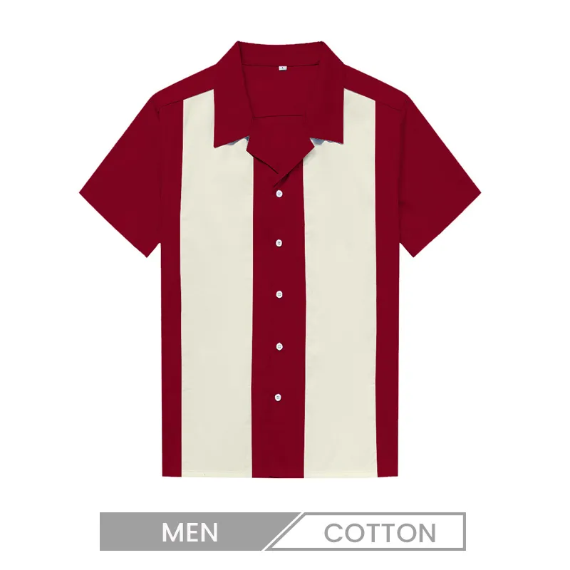 Contrast Color Stitching Men Retro Street Punk Hip Hop Short Sleeve Bowling Shirt Custom