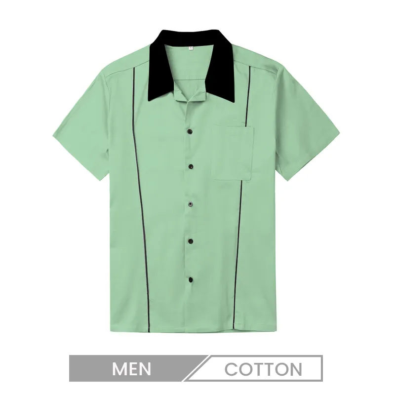 Loose Single-Breasted Lapel Mint Green Men Bowling Shirt Custom