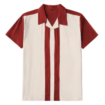 Vintage Bowling Men Cotton Maroon Beige Stitching Casual Short-Sleeved Shirt Custom