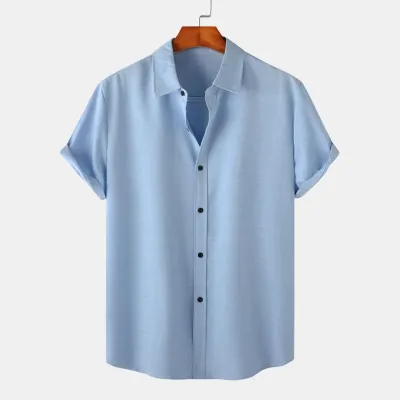 Men Fashion Casual Solid Color Short Sleeve Lapel Hawaii Shirt Custom