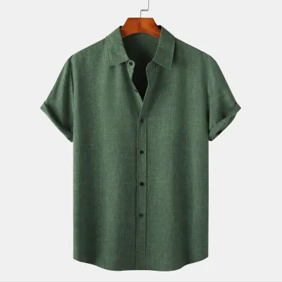 Men Fashion Casual Solid Color Short Sleeve Lapel Hawaii Shirt Custom