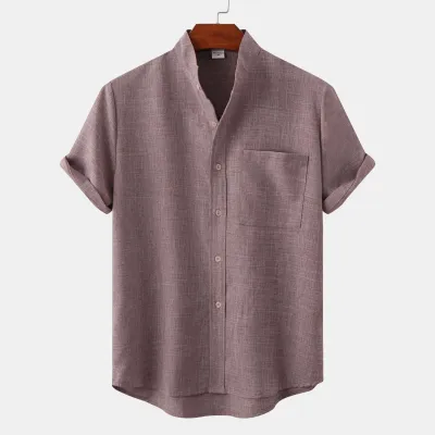 Men Casual Simple Solid Color Stand Collar Pocket Decorative Short Sleeve Hawaii Shirt Custom