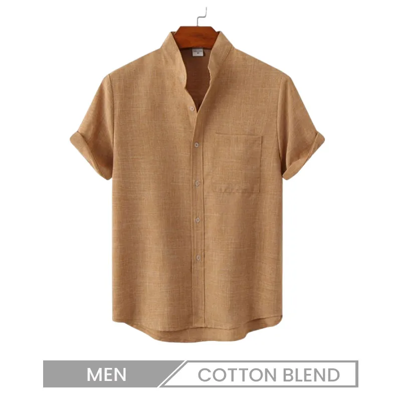 Men Casual Simple Solid Color Stand Collar Pocket Decorative Short Sleeve Hawaii Shirt Custom