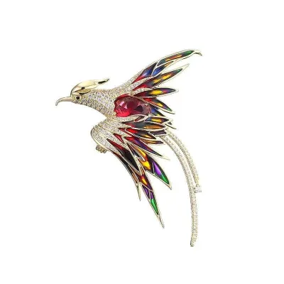Women Fashion Restaurant Alloy Rhinestone Hundred Birds Face Phoenix Multicolor Painted Oil Brooch