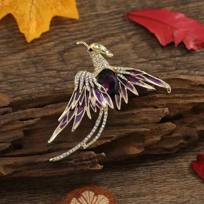 Women Fashion Restaurant Alloy Rhinestone Hundred Birds Face Phoenix Multicolor Painted Oil Brooch