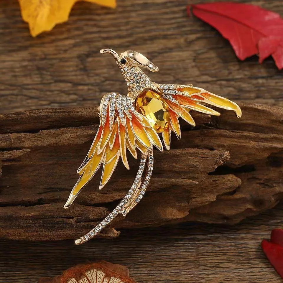 Women Fashion Restaurant Alloy Rhinestone Hundred Birds Face Phoenix Multicolor Painted Oil Brooch