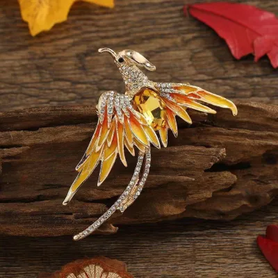 Women Fashion Restaurant Alloy Rhinestone Hundred Birds Face Phoenix Multicolor Painted Oil Phoenix Brooch