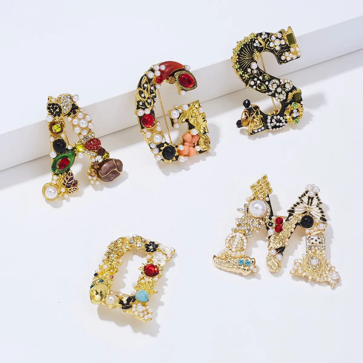 Women Fashion Creative Rhinestone Pearl Letter Alphabet Brooch New Chinese Style Unisex