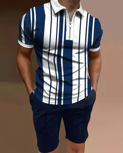 Men Fashion Casual 3D Print Plus Size Short Sleeve Lapel POLO Shirt Shorts Set