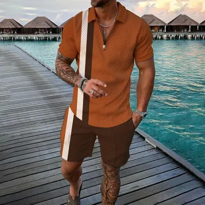Men Fashion Casual 3D Print Plus Size Short Sleeve Lapel POLO Shirt Shorts Set