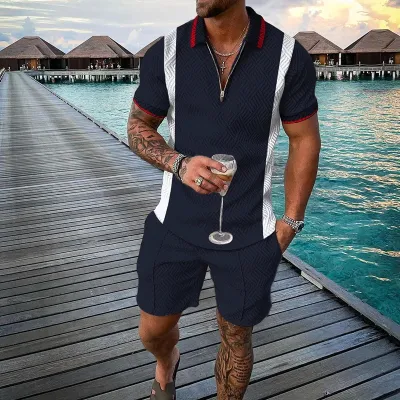 Men Fashion Casual 3D Print Plus Size Short Sleeve Lapel POLO Shirt Shorts Set