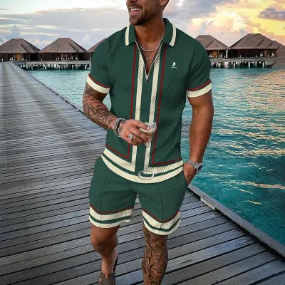 Men Fashion Casual 3D Print Plus Size Short Sleeve Lapel POLO Shirt Shorts Set