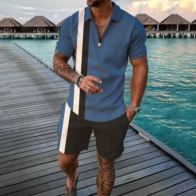 Men Fashion Casual 3D Print Plus Size Short Sleeve Lapel POLO Shirt Shorts Set