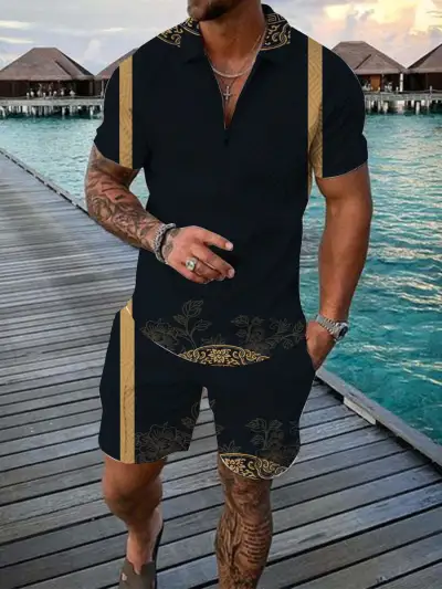 Men Fashion Casual 3D Print Plus Size Short Sleeve Lapel POLO Shirt Shorts Set
