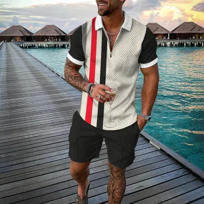 Men Fashion Casual 3D Print Plus Size Short Sleeve Lapel POLO Shirt Shorts Set