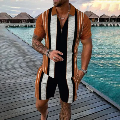Men Fashion Casual 3D Print Plus Size Short Sleeve Lapel POLO Shirt Shorts Set