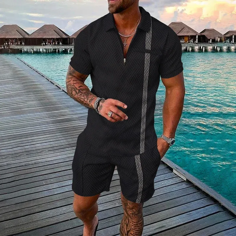 Men Fashion Casual 3D Print Plus Size Short Sleeve Lapel POLO Shirt Shorts Set
