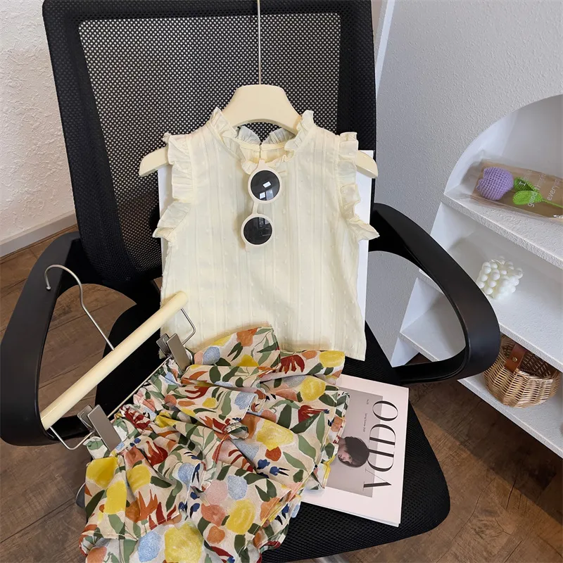 Kids Toddler Girls Casual Cute Solid Color Sleeveless Blouses with Flower Print Skirt Set 2-Piece Suit Shorts
